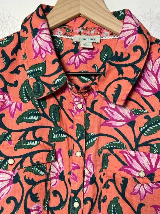 Sundance Willow 100% Linen Floral Snap Button-Down Shirt Southwestern Bohemian - Picture 3 of 12